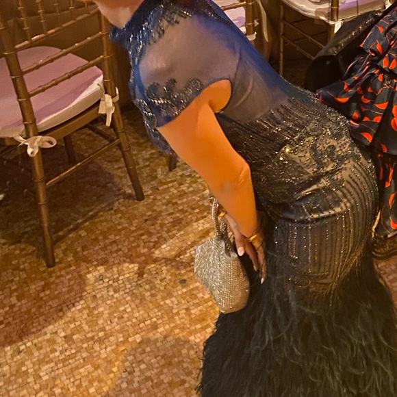 High neck short sleeve blue beaded feather gown Terani style number 1721GL4446 - Picture 5 of 13